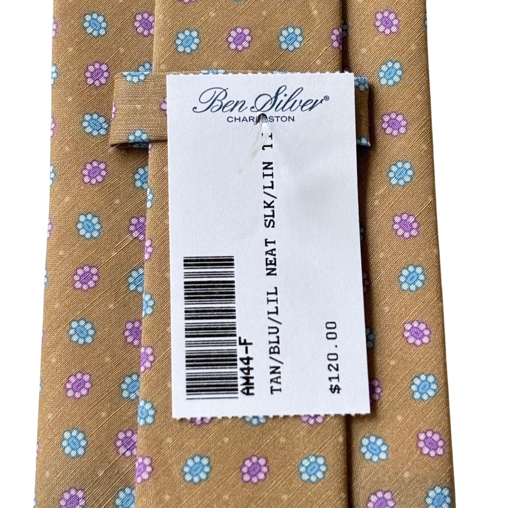 Ben Silver Neat Tie Tan Blue Lilac Floral Silk Linen Quiet Luxury Preppy NWT 120